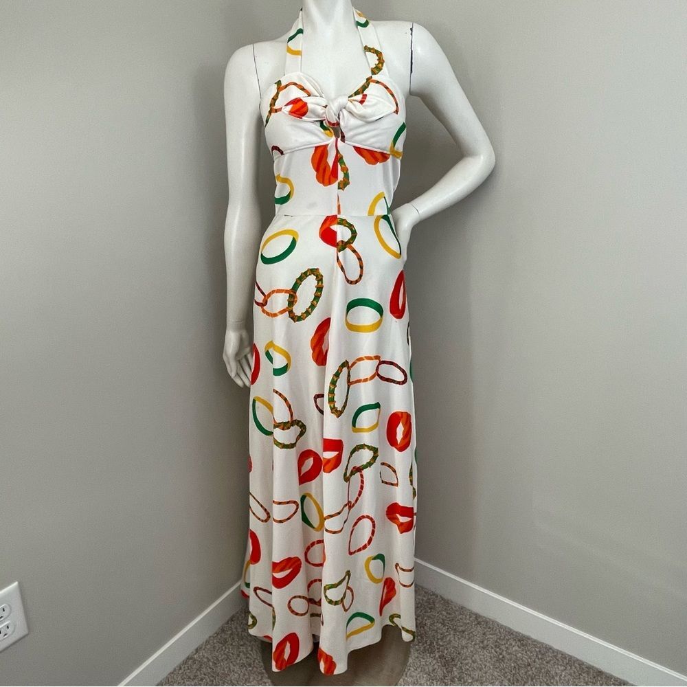 VINTAGE 1960s 70s Knot Tie Front Halter Neck White Ring Print Maxi Dress - Picture 1 of 12